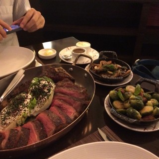 Steak with sides of salad, Mushroom and Brussels sprouts with Ham - Marina Bay / db Bistro & Oyster Bar (Marina Bay)|Singapore